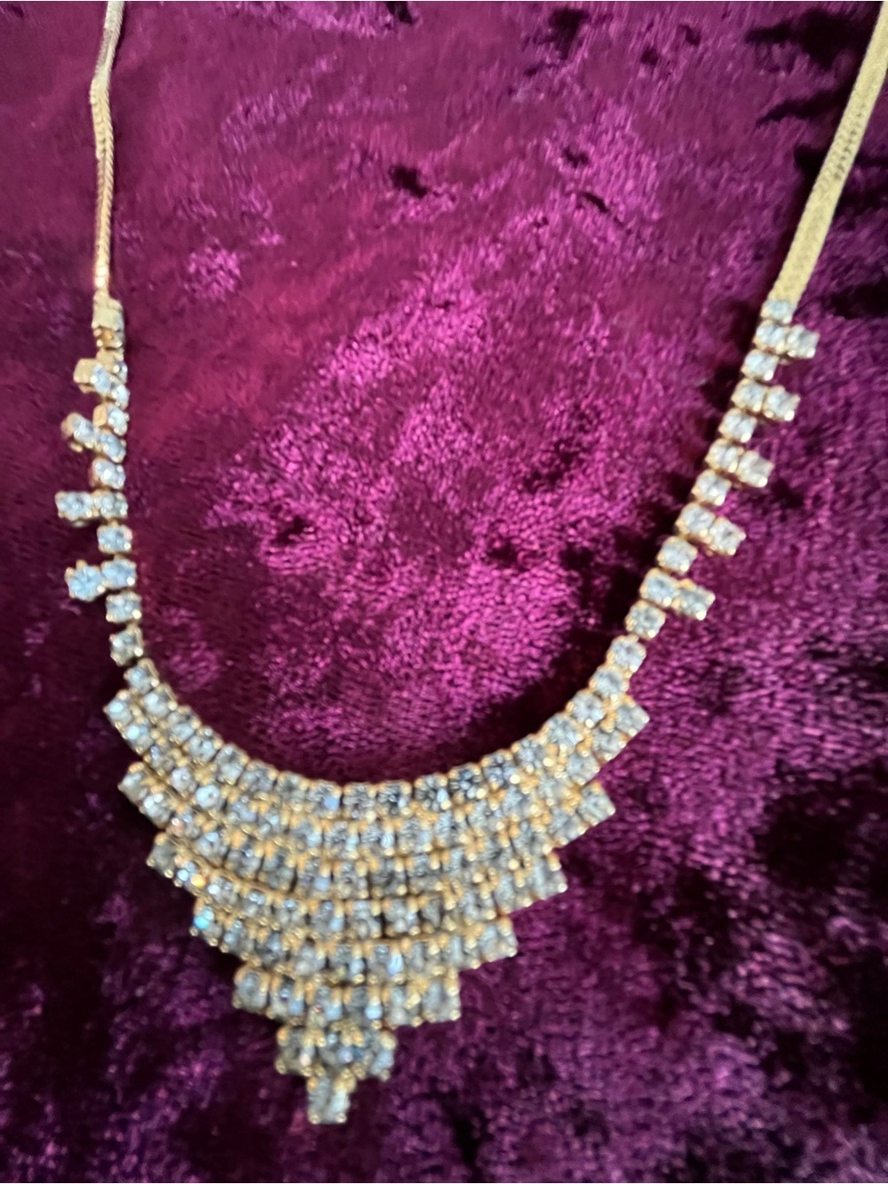 Vintage 1980s Cascading Rhinestone Waterfall Bib Necklace - Gold Tone Unsigned